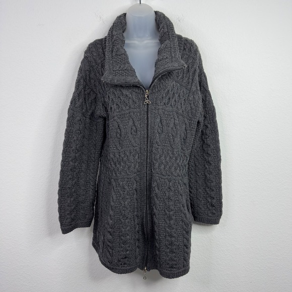 Aran Crafts Cardigan Women XL Gray Merino Wool Cable Knit Romantic Neutral Irish - Picture 1 of 7